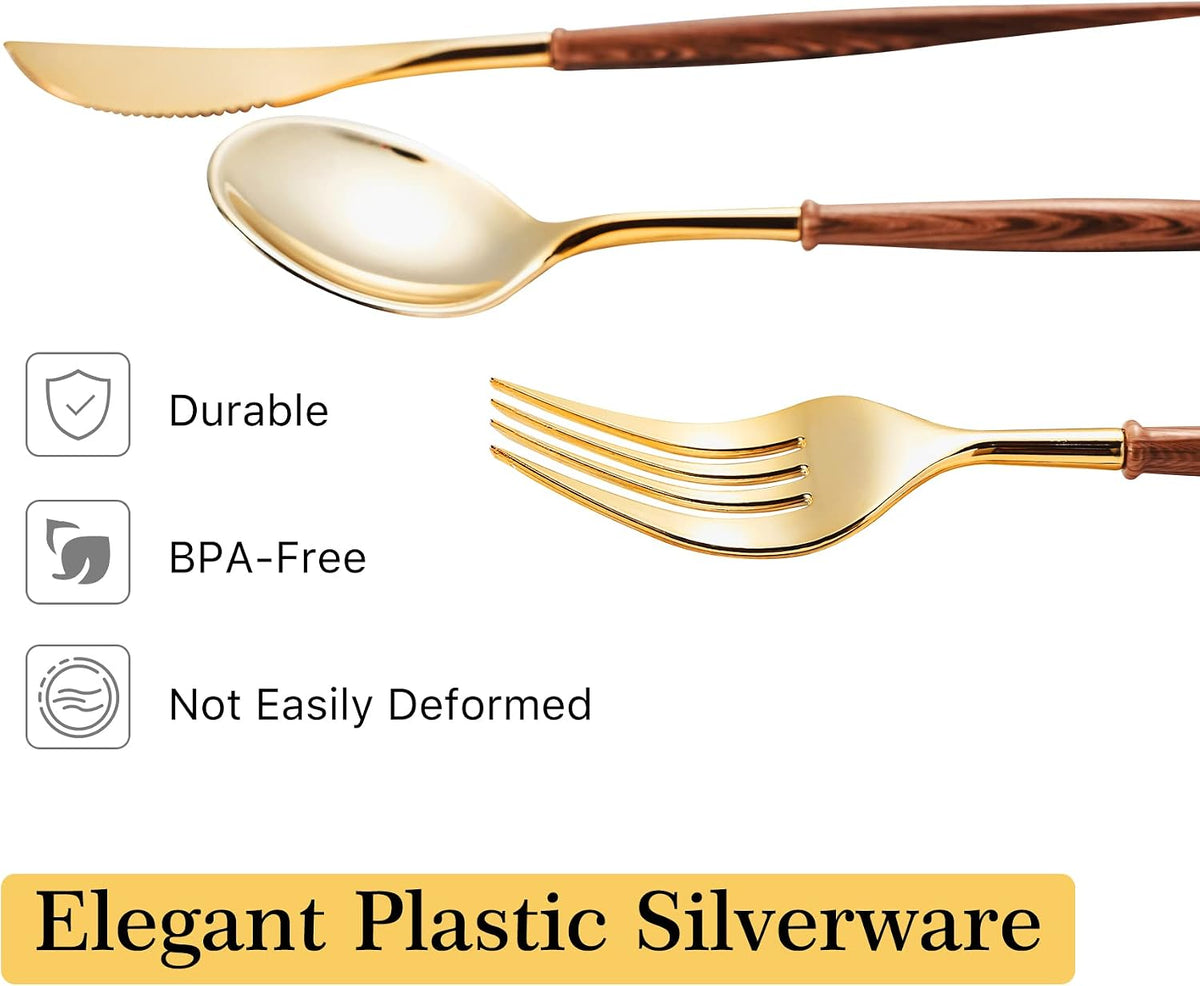 120PCS High End Gold Plastic Silverware with Wood Grain Handle