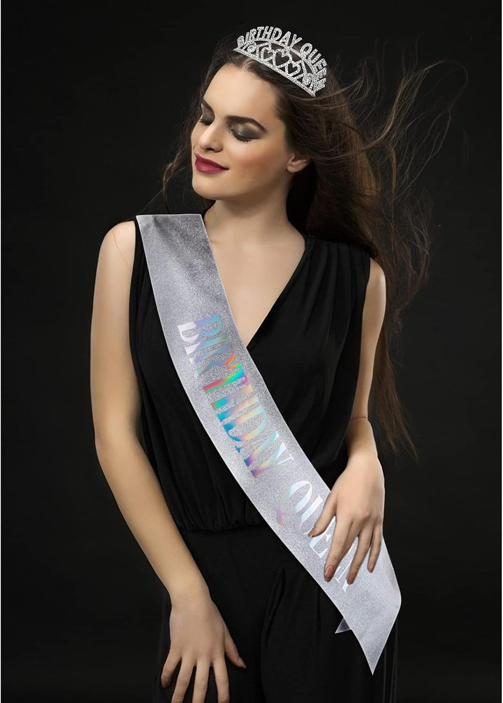 Crowns for Women,CIEHER Birthday Queen Sash & Rhinestone Tiara Kit,Tiaras and Crowns for Women,Silver Queen