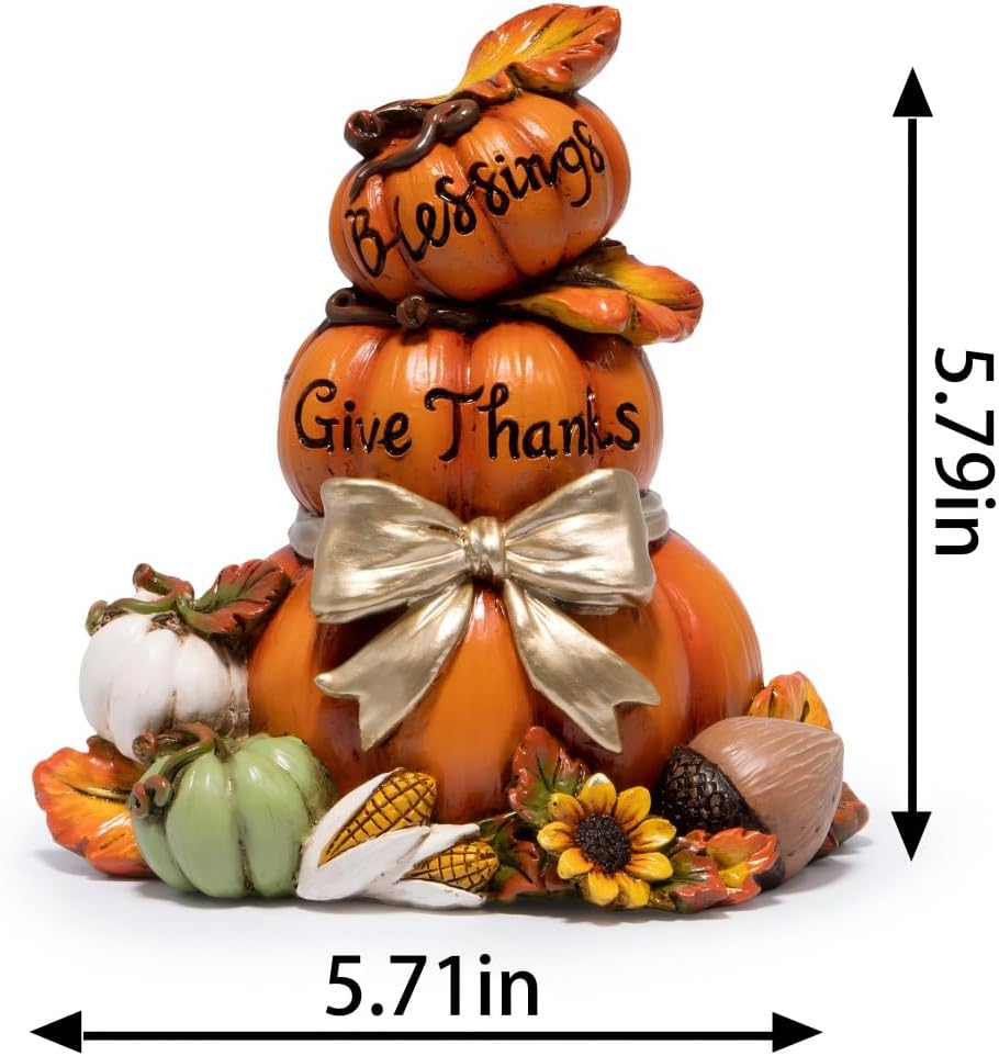 Thanksgiving Pumpkin Decor, Resin Stacked Pumpkin Figurine with Give Thanks Sign, Fall Autumn Harvest Decoration with