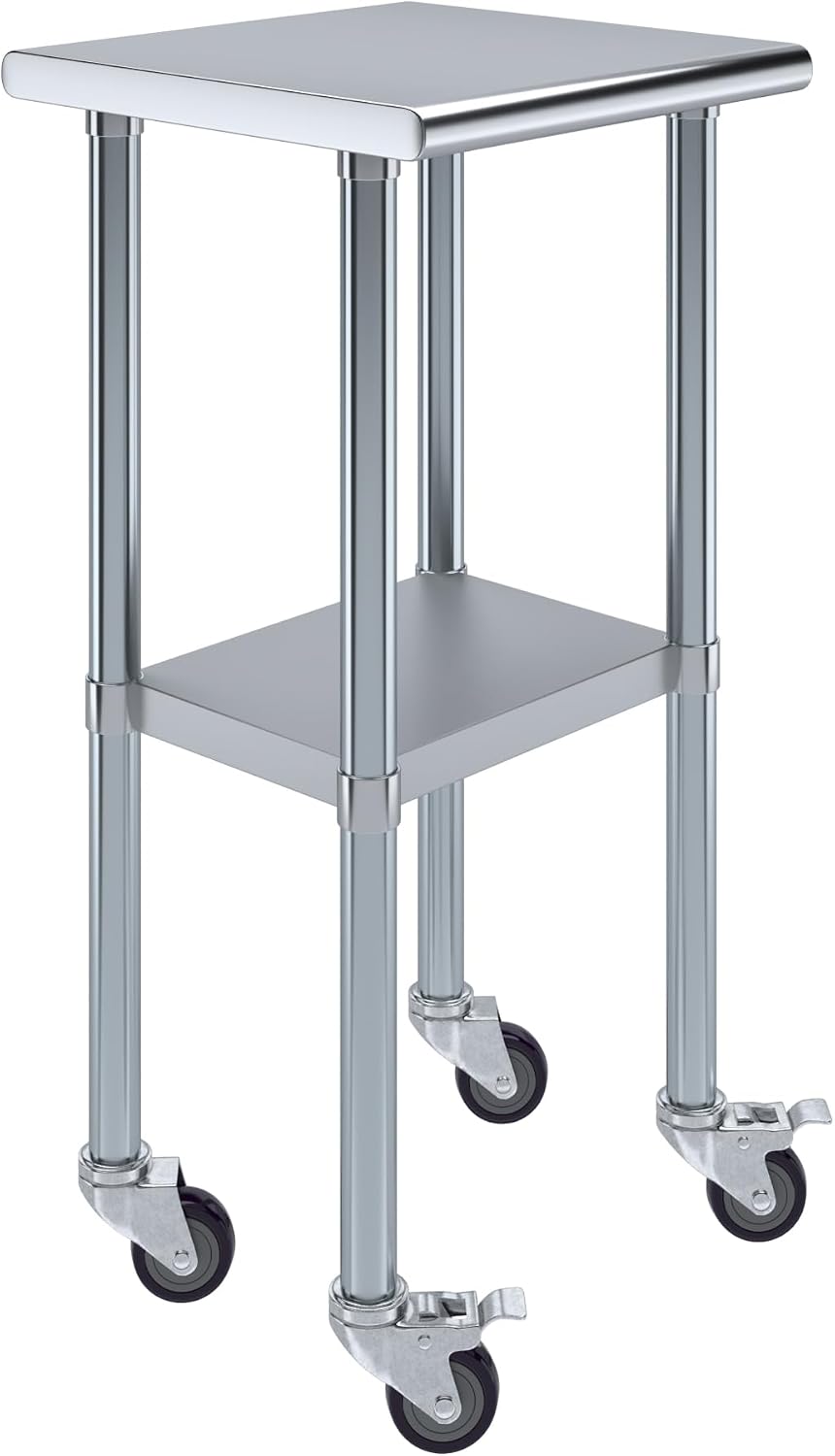 18" x 18" Stainless Steel Work Table with Casters | Heavy Duty Metal Utility Table On Wheels | Kitchen Island Cart