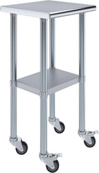 18" x 18" Stainless Steel Work Table with Casters | Heavy Duty Metal Utility Table On Wheels | Kitchen Island Cart
