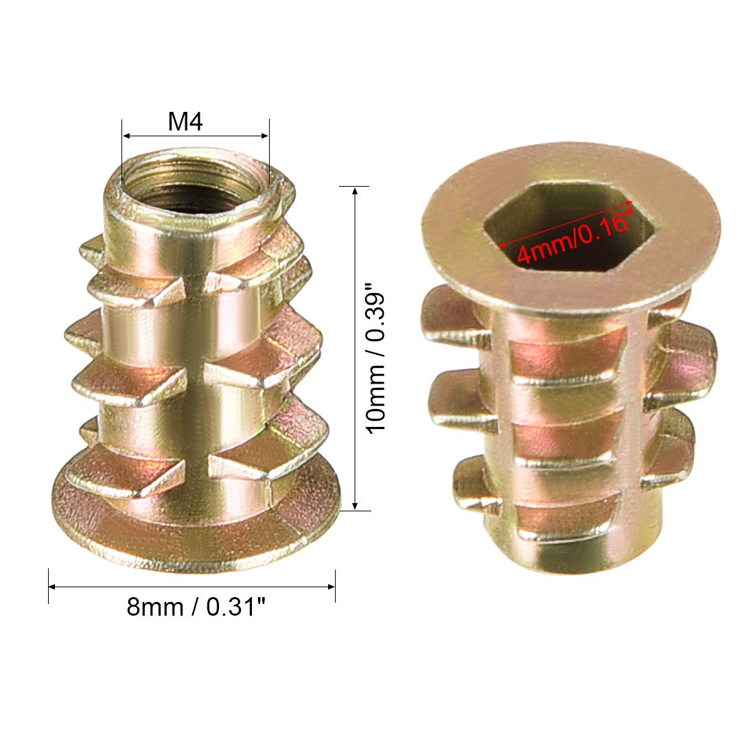 uxcell Furniture Threaded Insert Nuts Zinc Alloy M4 Internal Threads 10mm Length 50pcs