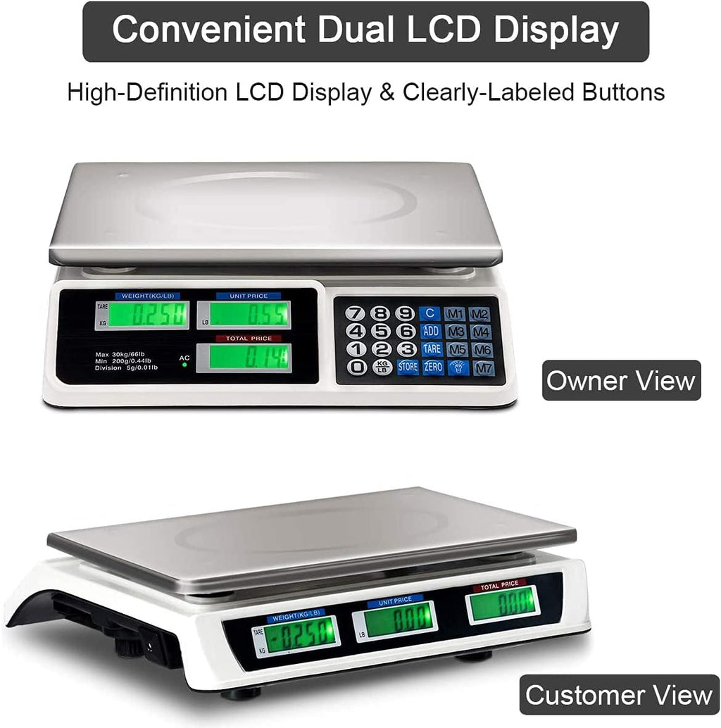 66 LB Digital Scale Price Computing Deli Electronic Counting Weight with Dual Clear LCD Display, Stainless Steel Top
