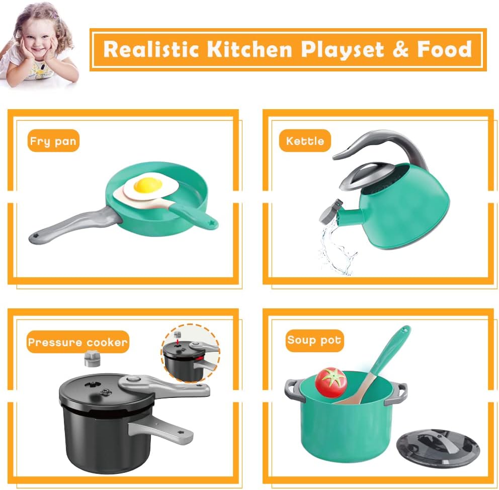32Pcs Kids Play Kitchen Toys Set, Toddlers Pretend Cooking Playset Acccessories with Pots Pans, Utensils Cookware