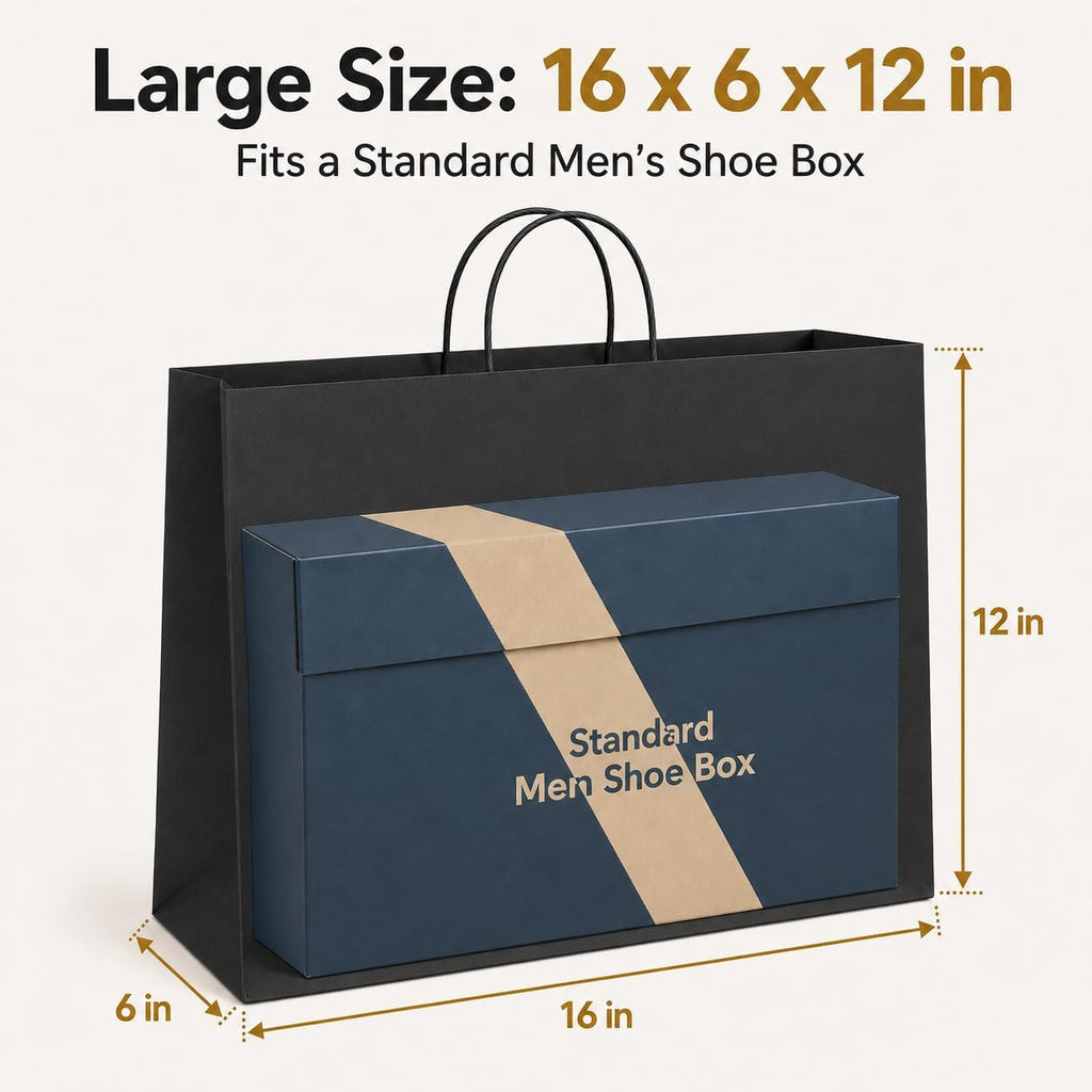 Black Paper Bags with Handles, Large Shopping Bags 16x6x12, 100 Pack