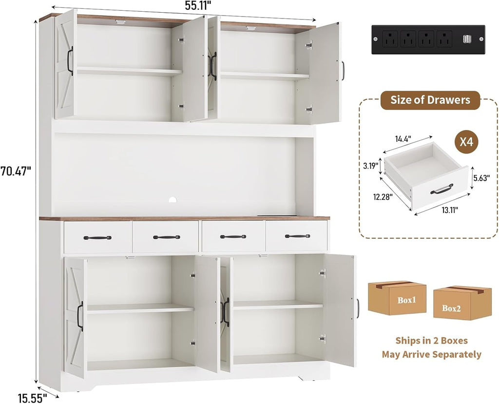 71'' Tall Pantry Cabinet with Charging Station, Large Modern Pantry Storage Cabinet with Adjustable Shelves, 4