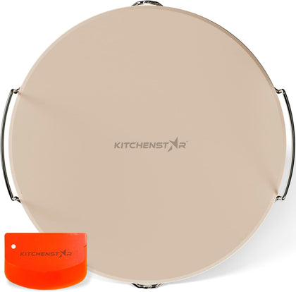14-inch Pizza Stone for Oven and BBQ Grill with Handles, Round, 5/8" Thick - Natural Cordierite, 1800 °F Resistant