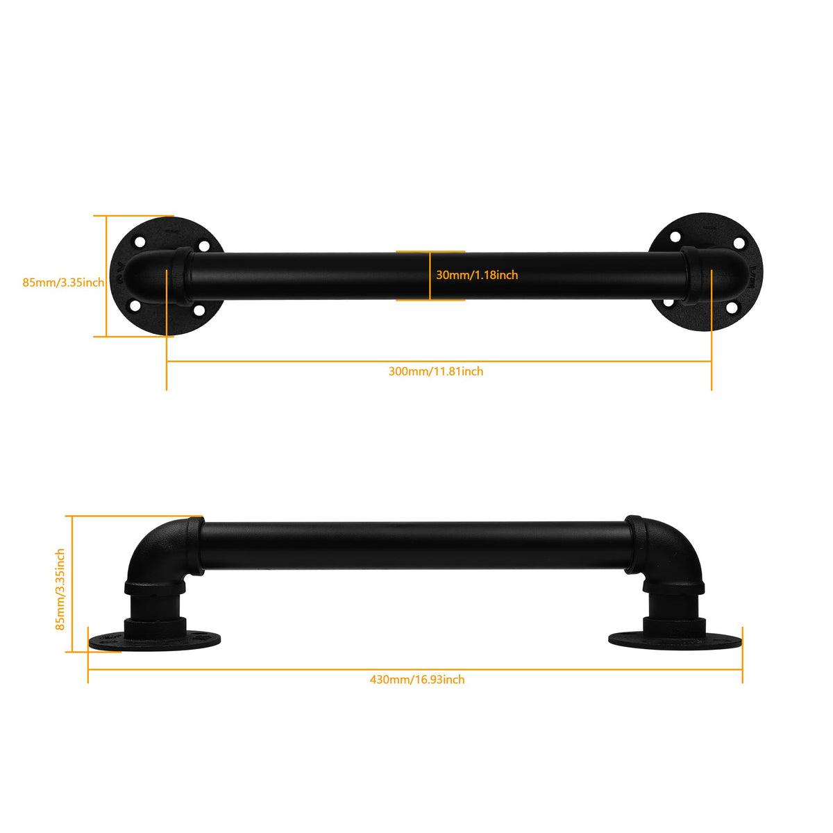 2 Pack 12 Inch Black Industrial Pipe Staircase Safety Handrails