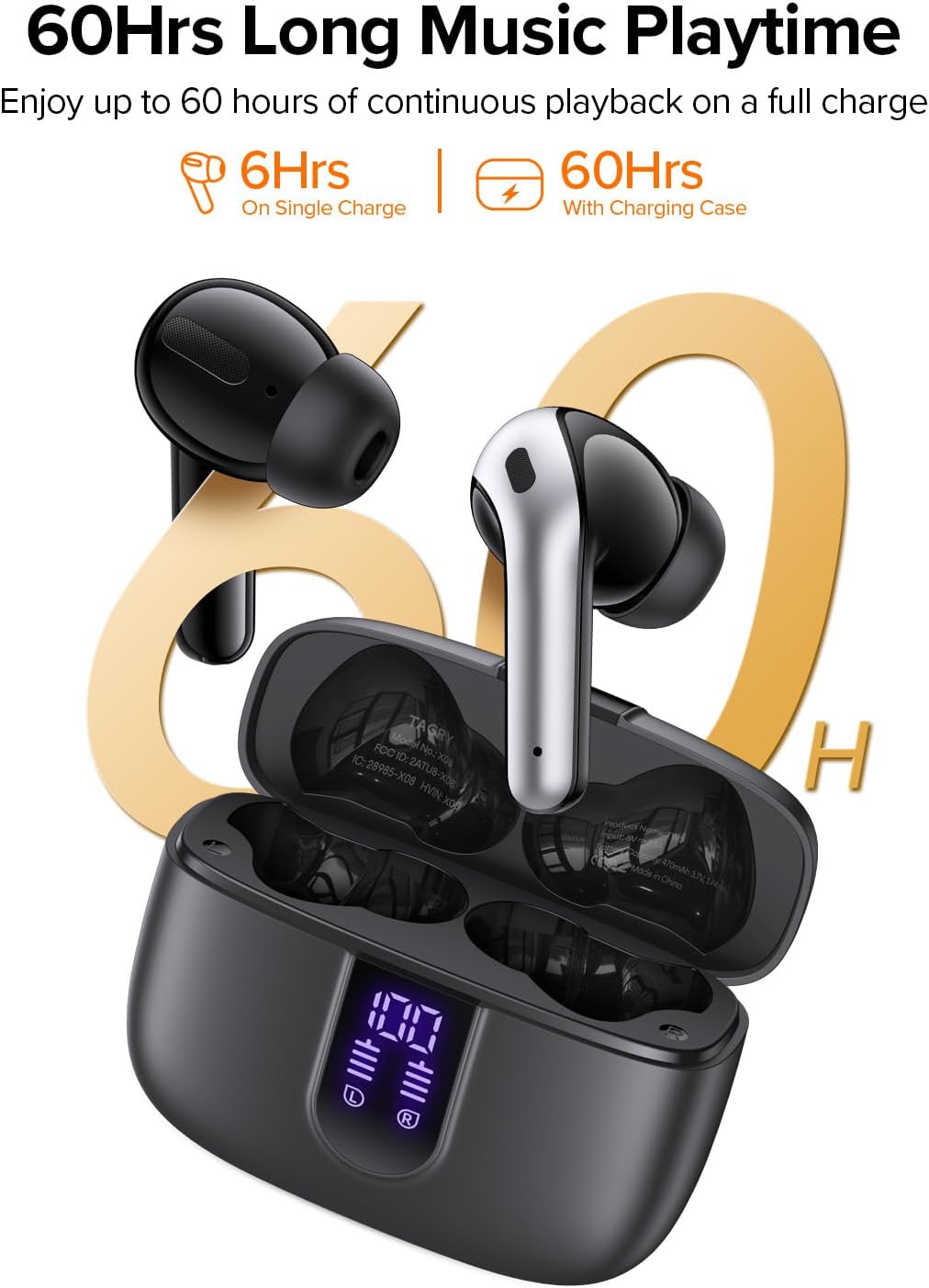 Bluetooth Headphones True Wireless Earbuds 60H Playback LED Power Display Earphones with Wireless Charging Case IPX5
