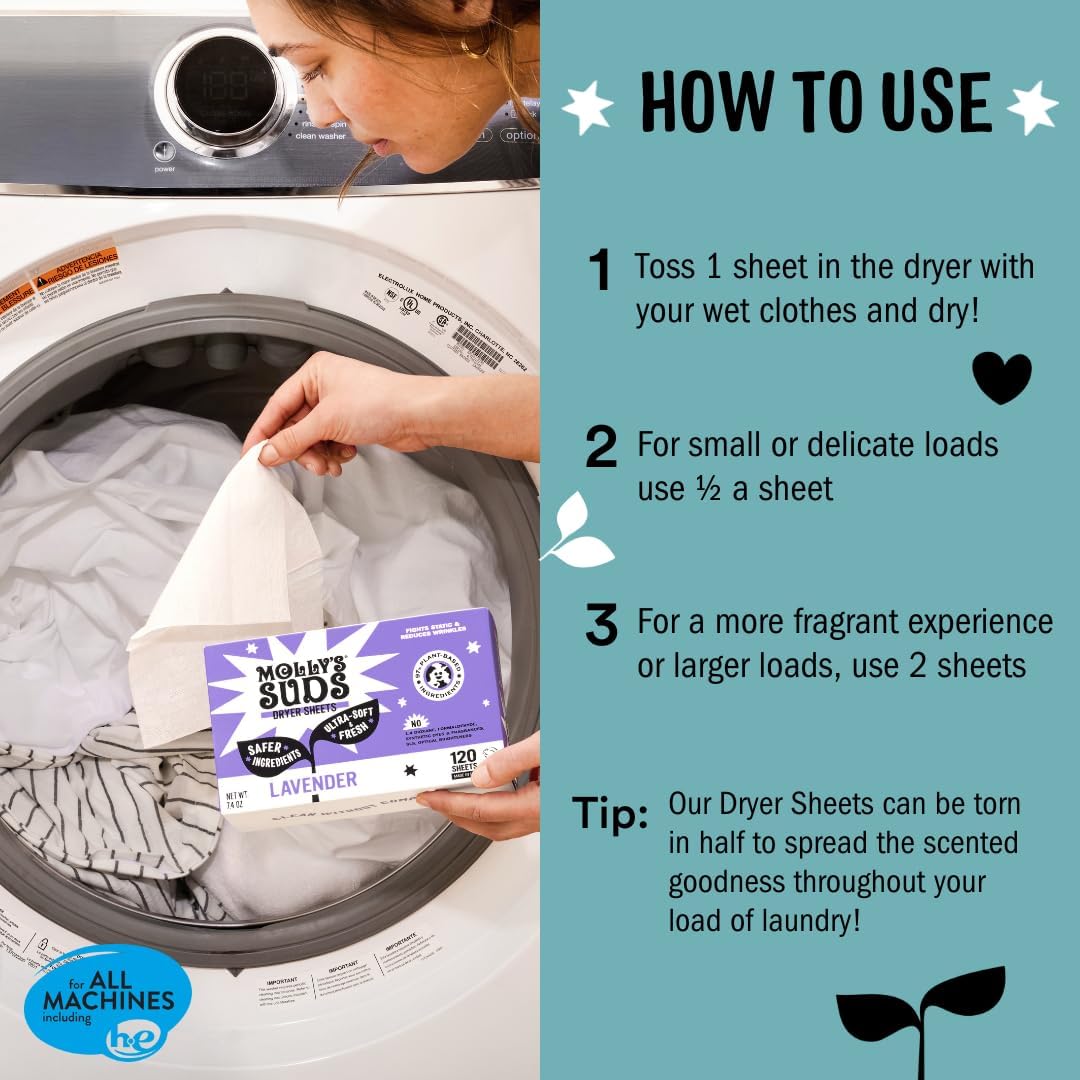 Fabric Softener Dryer Sheets for Sensitive Skin | Plant-Based Static Reducer, Plastic-Free Packaging | Unscented (120