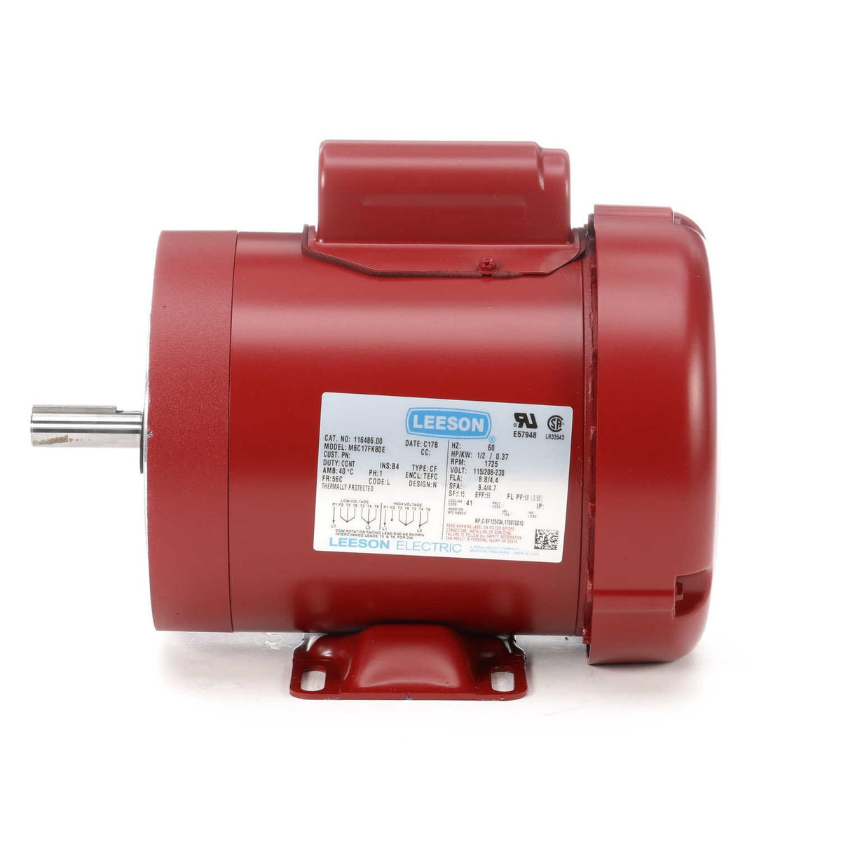 Leeson 116486.00 Pressure Washer C Face Pump Motor, 1 Phase, 56C Frame, Rigid Mounting, 1/2HP, 1800 RPM, 115/208-230V Voltage, 60Hz Fequency
