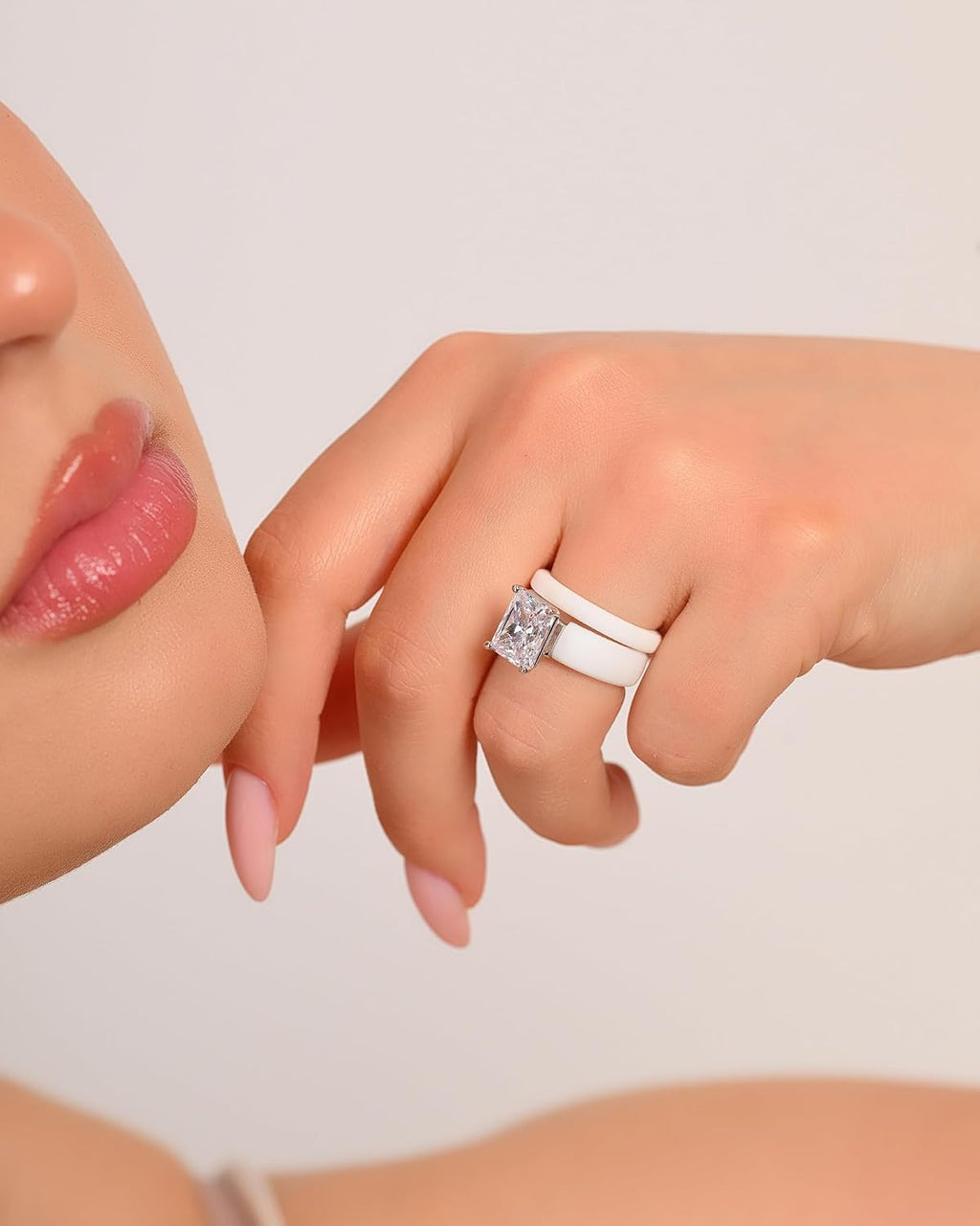 Silicone Ring with Stone and Thin Band Set - Emerald Cut Cubic Zirconia Engagement Ring for Women - Rubber Wedding