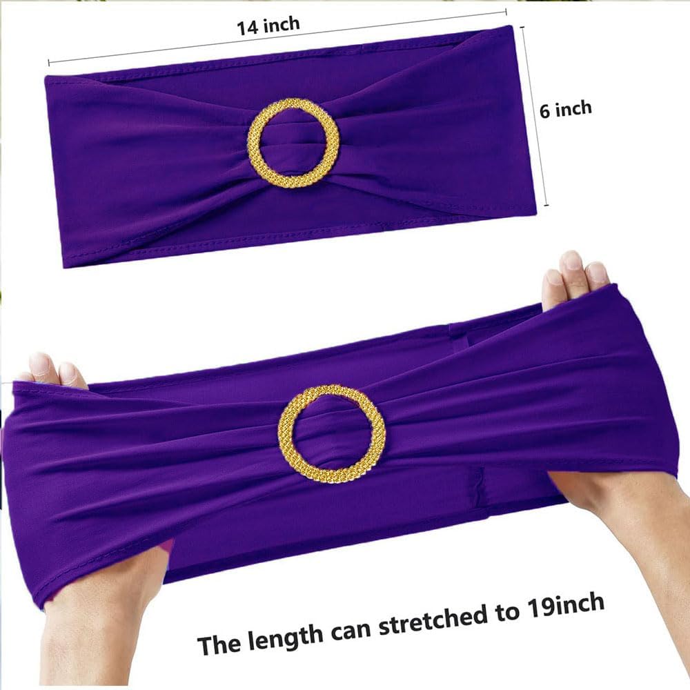 Purple Chair Sashes 50 Pack with Gold Buckle Slider, Spandex Chair Bows Bands for Folding Chairs Wedding Party