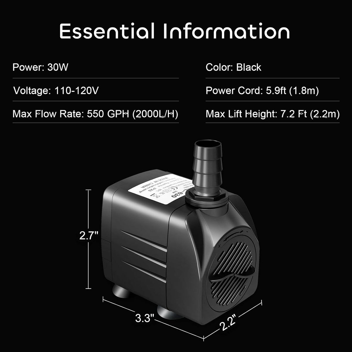 550GPH Submersible Pump 30W Fountain Aquarium Water Pump