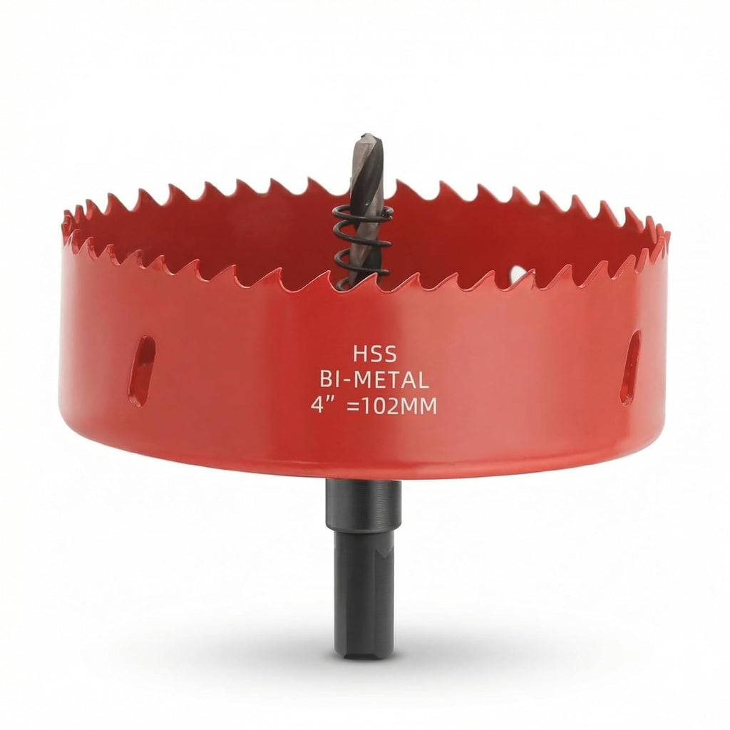 4 Inch Hole Saw, M42 HSS Bi-Metal Hole Cutter with Arbor, Triangular Shank Hole Saw Drill Bit with Spring for Wood, Plywood, Plastic, Gypsum Board, Various Thin Metal Sheets