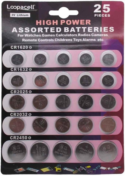 High Power Button Cell 3V Lithium Assorted Battery CR2032 CR2025 CR2450 CR1620 CR1632, 25 Piece Set
