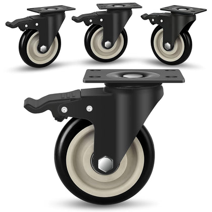 4 Inch Caster Wheels Set of 4, Heavy Duty Swivel Rolling with Brake | Large Industrial Plate Casters, 2200lbs Load