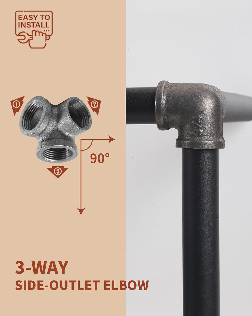 Right Angle Black Malleable Iron Tee Fitting 3-Way Side Exit Elbow Connector (1-Pack) (1/2 INCH)