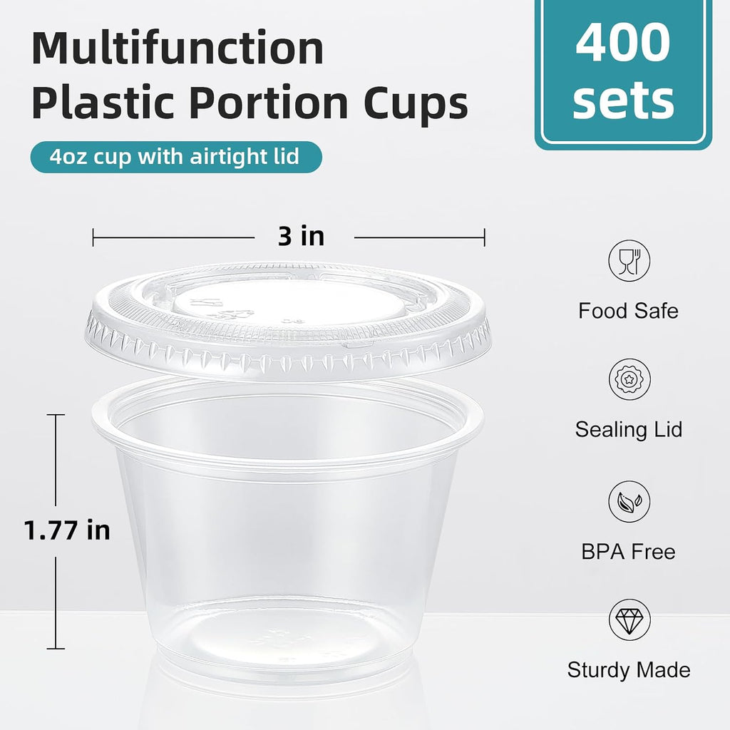 400 Set 4 oz Portion Cups, Jello Shot Cups with Lids, Disposable Plastic Condiment Dipping Sauce Cup, Small