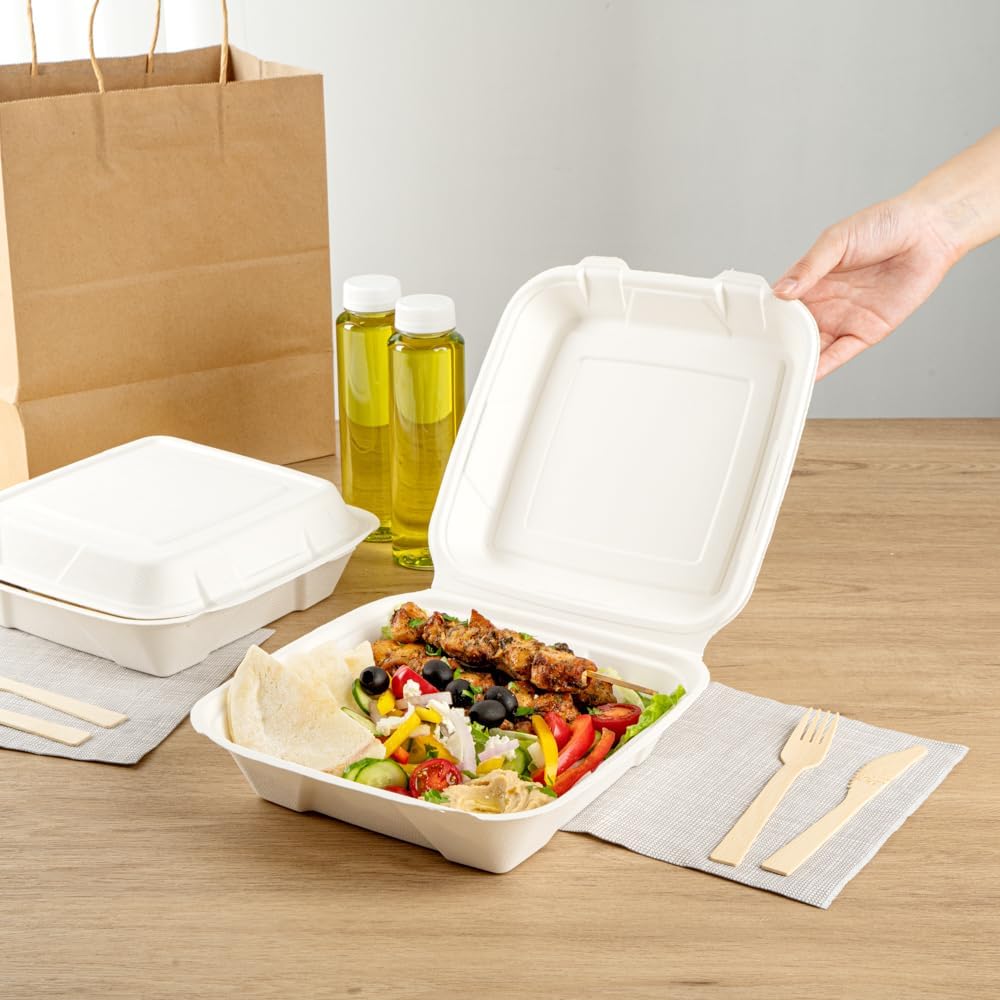 No PFAS Added 32 oz Bagasse Clamshell Containers, 100 Ct