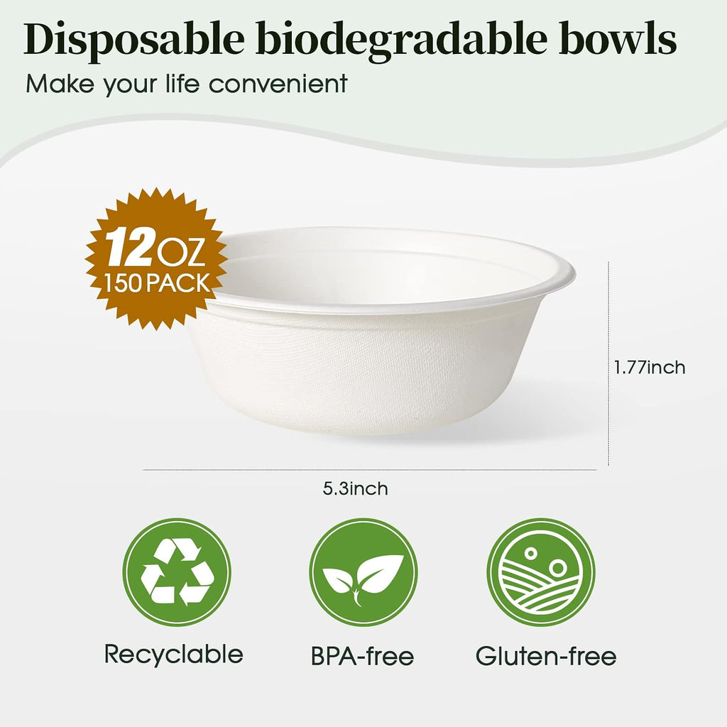 150 Pack 12 oz Compostable Paper Bowls Disposable, White