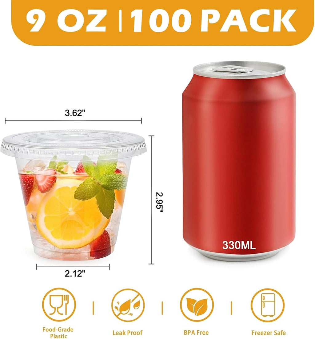100 Pack 9 oz Clear Plastic Cups with Flat No Hole Lids
