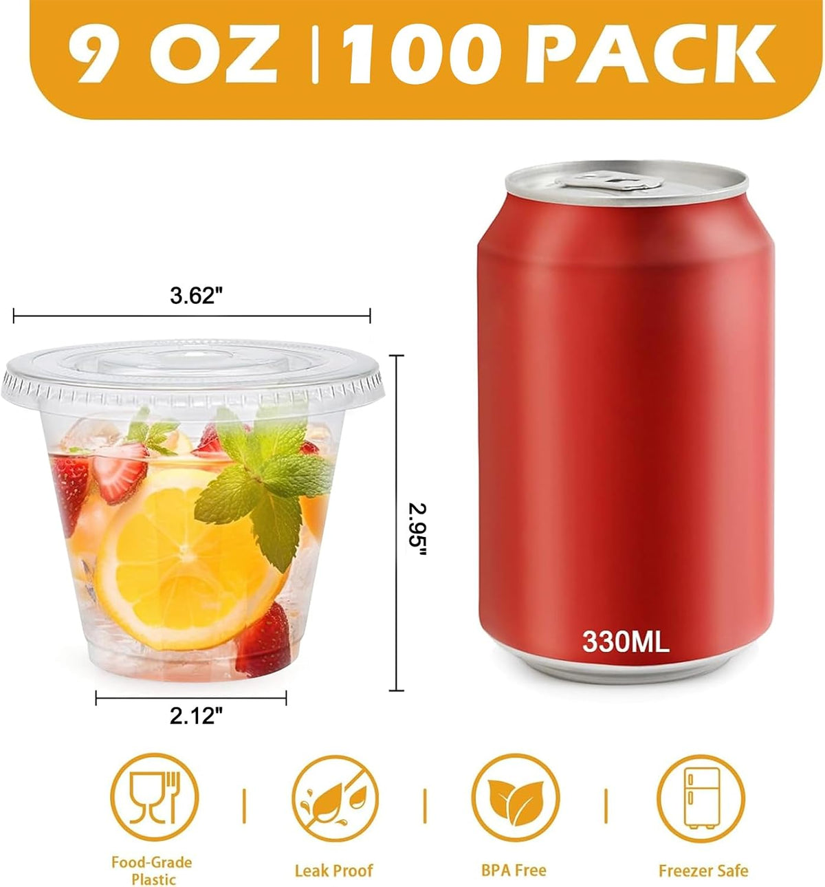 100 Pack 9 oz Clear Plastic Cups with Flat No Hole Lids