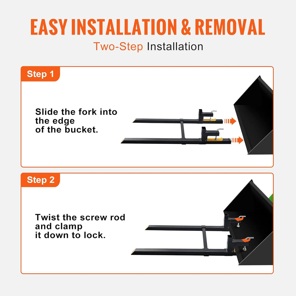 Pallet Forks, 2000 lbs Clamp on, 60" Total Length | Heavy Duty, Adjustable Stabilizer Bar