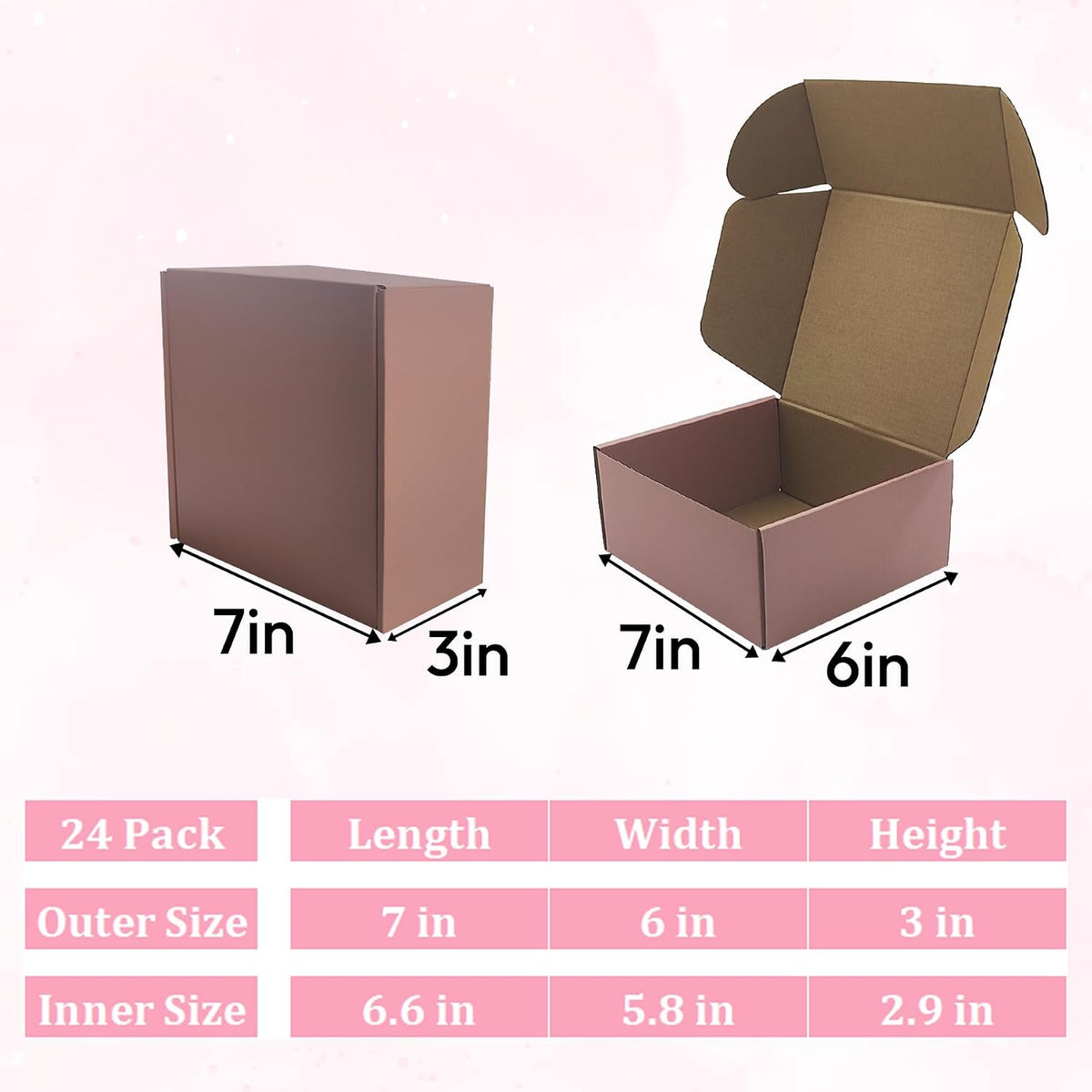 Pink Shipping Boxes 24 Pack 7x6x3 inches, Corrugated Cardboard Mailer Boxes