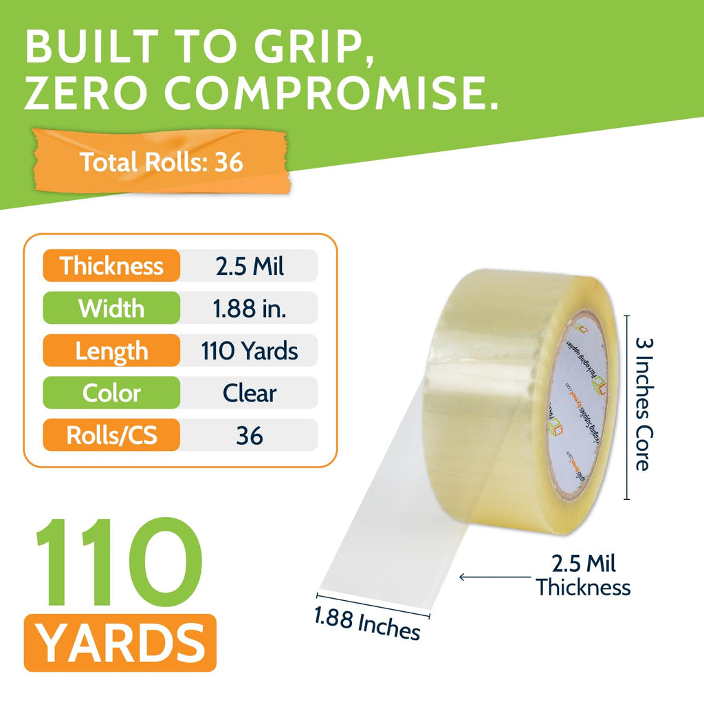 PSBM Clear Packing Tape, 36 Rolls 2.5 Mil 1.88 Inch 110 Yards Per Roll, Heavy Duty Tape for Packaging, Shipping