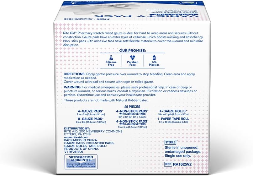 First Aid Gauze Pads, Variety Pack - Includes 25 Assorted Gauze Pads & Tape | Sterile Gauze Pads | First Aid Kit |