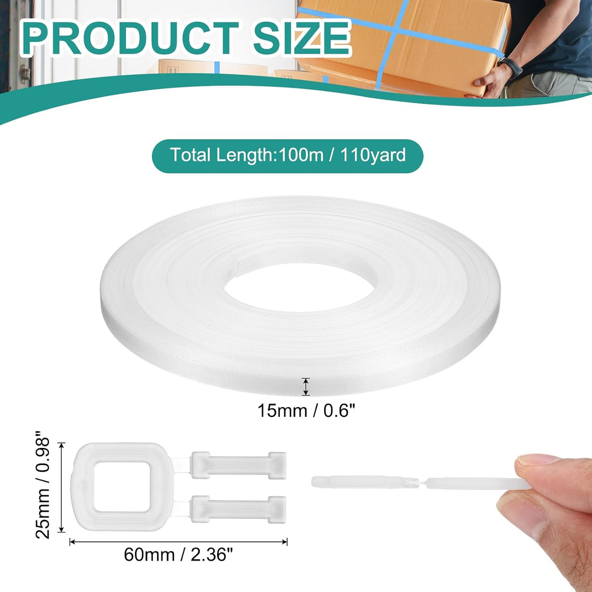 110 Yard Plastic Packaging Banding Strapping Kit, Packing Strap with 50Pcs Clear Buckles Universal Banding Tool for
