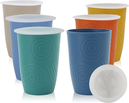 Wheat Straw Cups,Unbreakable Drinking Glasses 16oz,6-Pack Dishwasher Safe Cups with Lids for Parties,Beach-Colorful