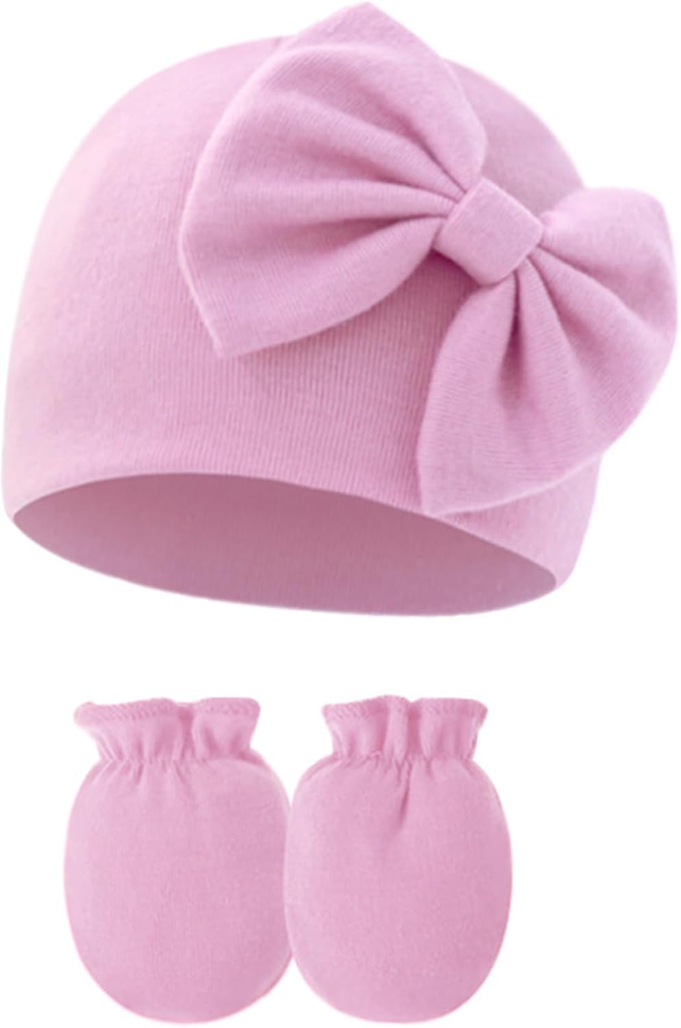 Newborn Beanies Cap No Scratch Mittens Set 0-6 Months Infant Bow Caps Baby Girls Boys Cute Nursery Headbands Hats