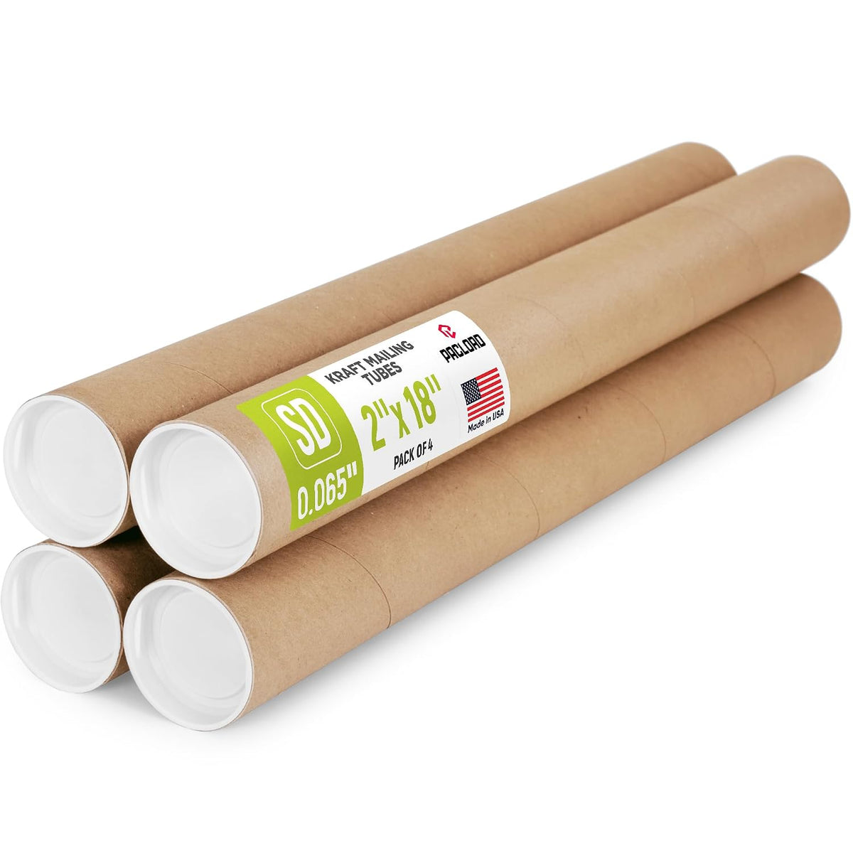 2" x 18" Made in USA Reinforced Kraft Paper Mailing Tube, 4 Tubes, 8 Caps