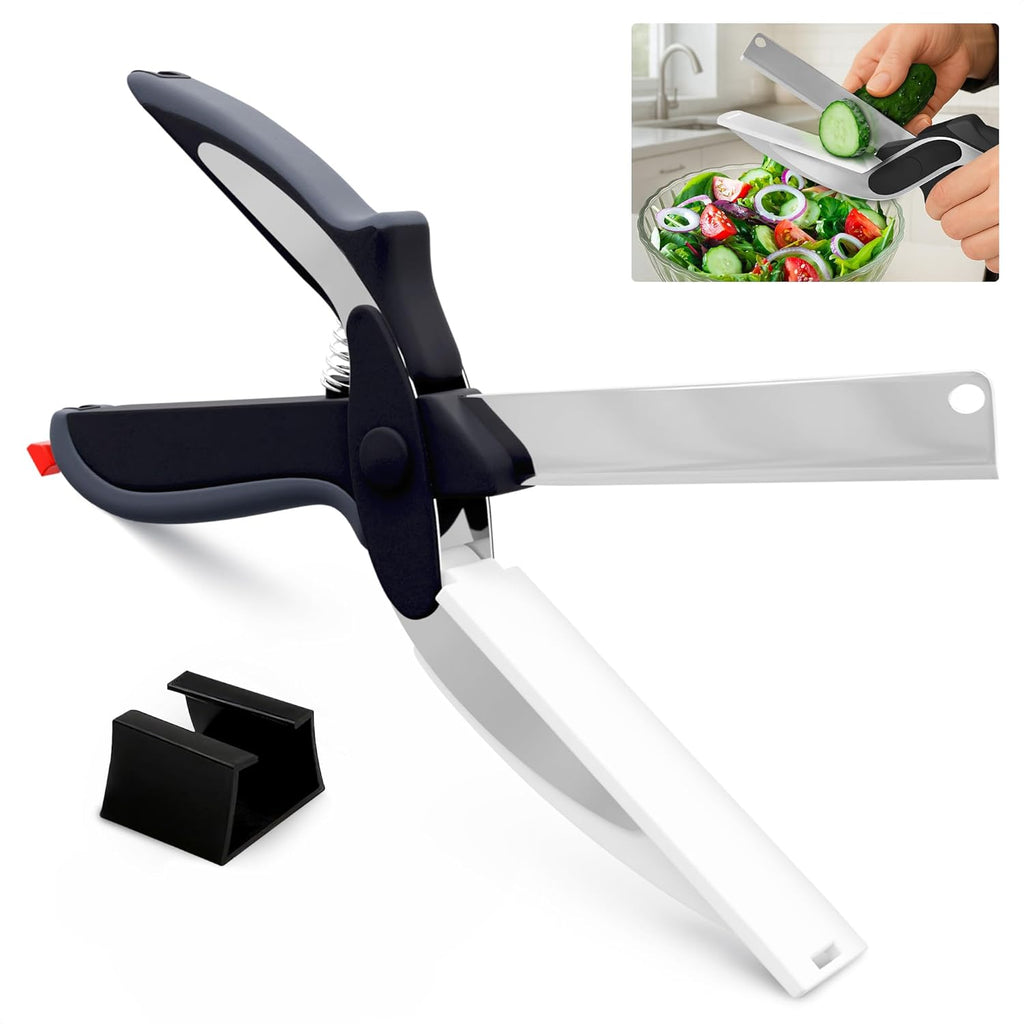 2 in 1 Kitchen Scissors for Food – Stainless Steel 9.5" Tomato Knife Chops Vegetables, Fruit, Cheese, Meat in Seconds