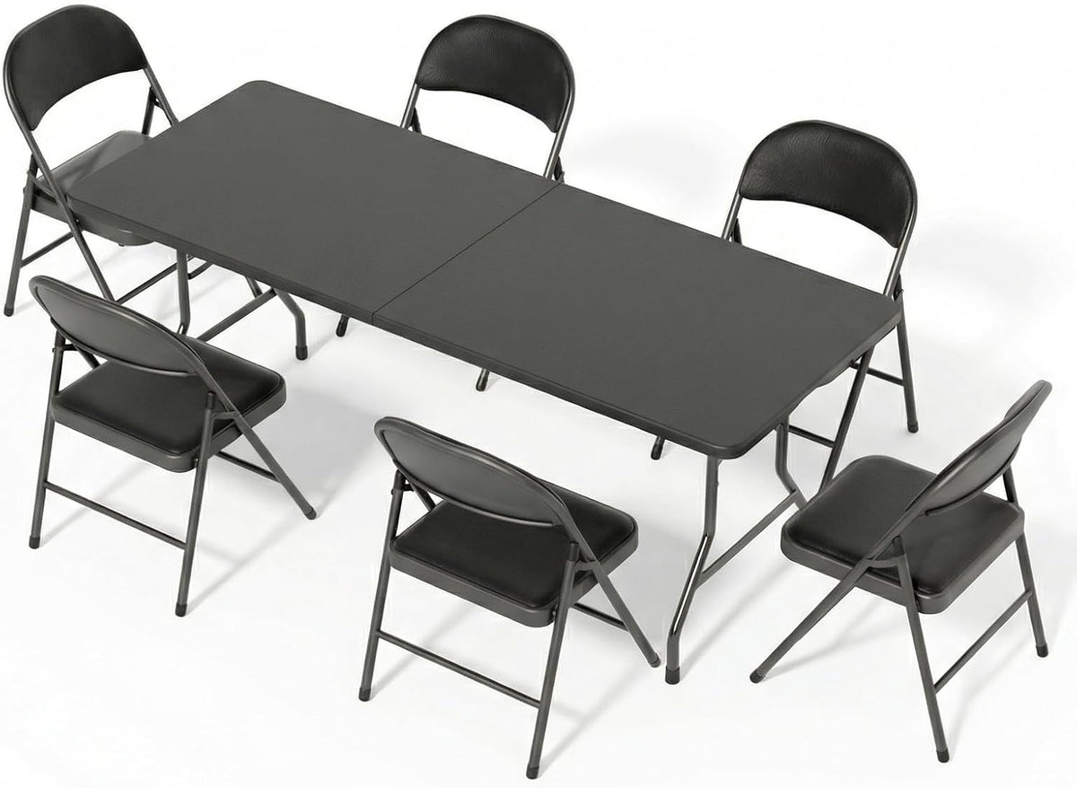 6FT Black Plastic Folding Table Set with 6 Black PU Padded Chairs | Portable Foldable Tables and Chairs for Parties