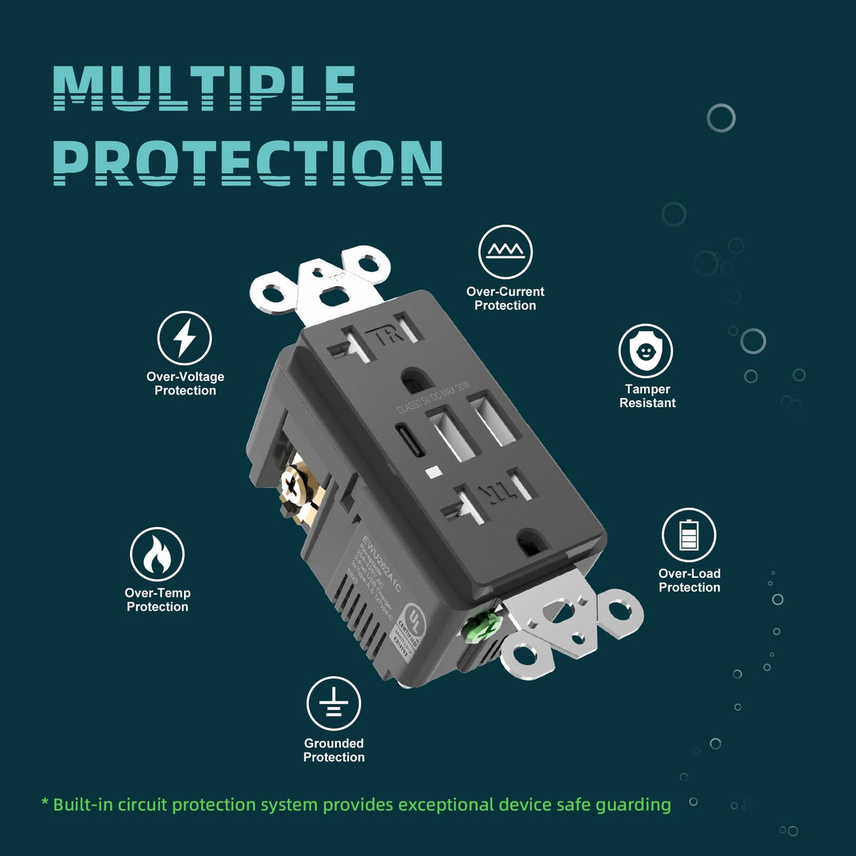 TOPELER Black USB Outlet, 6.0A/30W Dual Type A&C USB Charging Wall Outlet