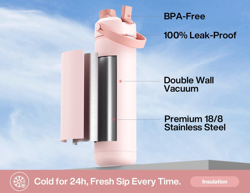 26 oz Insulated Water Bottle with 2-in-1 Straw and Spout Lid, Keep Cold 24H, Leak-Proof, Fits in Car Cup Holder