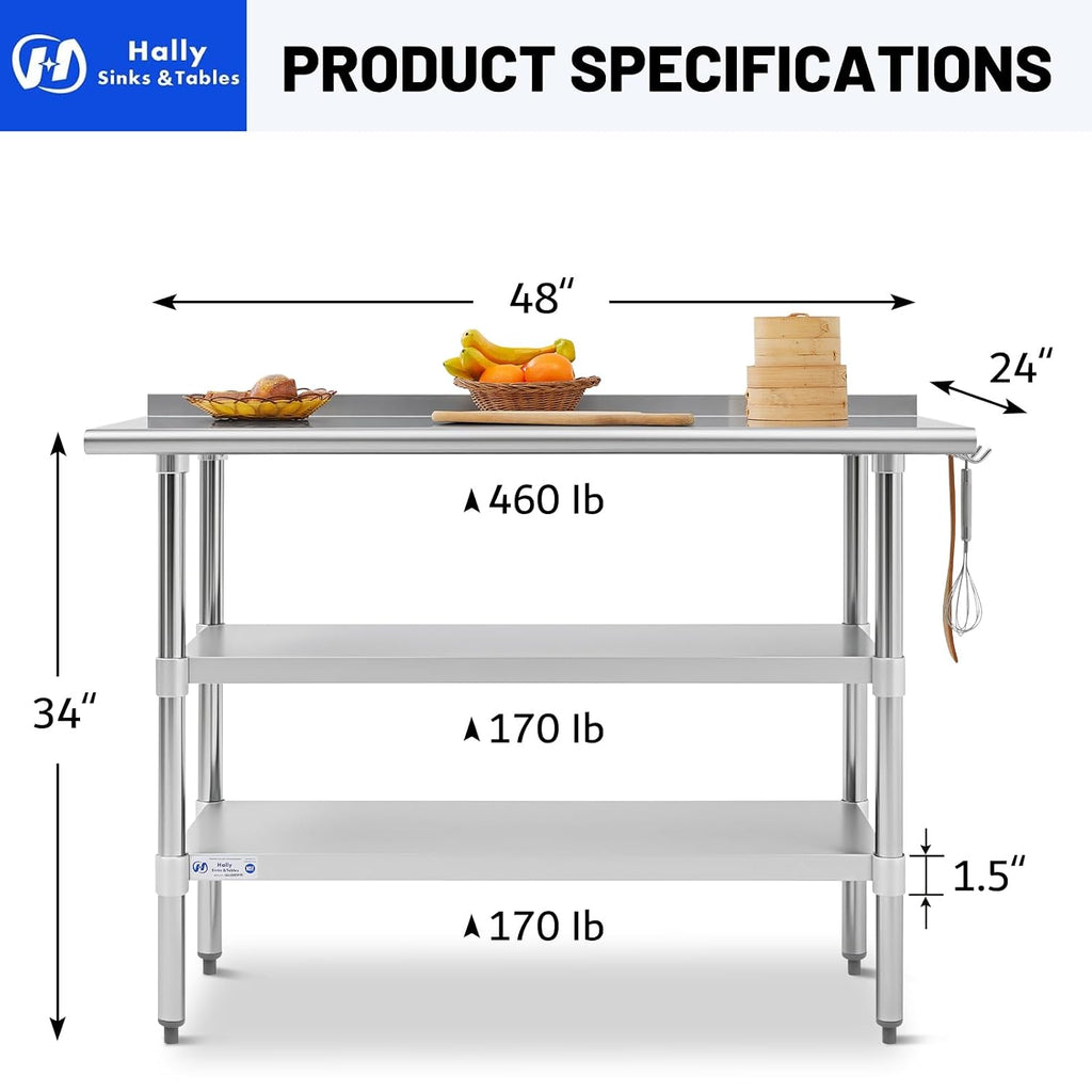 Hally 24"x48" Stainless Steel Prep Table Commercial Work Table Backsplash