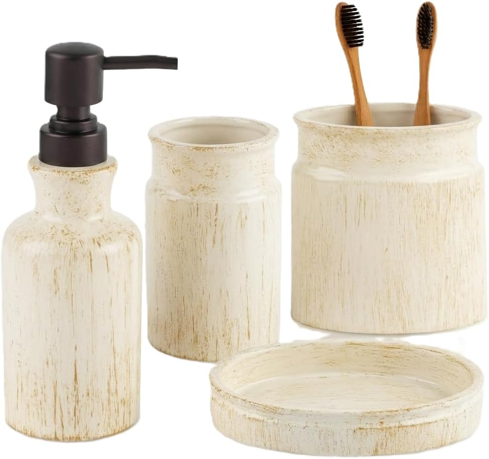 Rustic Luxe Beige 4 Piece Bathroom Accessories Set | Includes Soap Dispenser, Toothbrush Holder, Tumbler Cup & Soap Dish