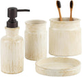 Rustic Luxe Beige 4 Piece Bathroom Accessories Set | Includes Soap Dispenser, Toothbrush Holder, Tumbler Cup & Soap Dish