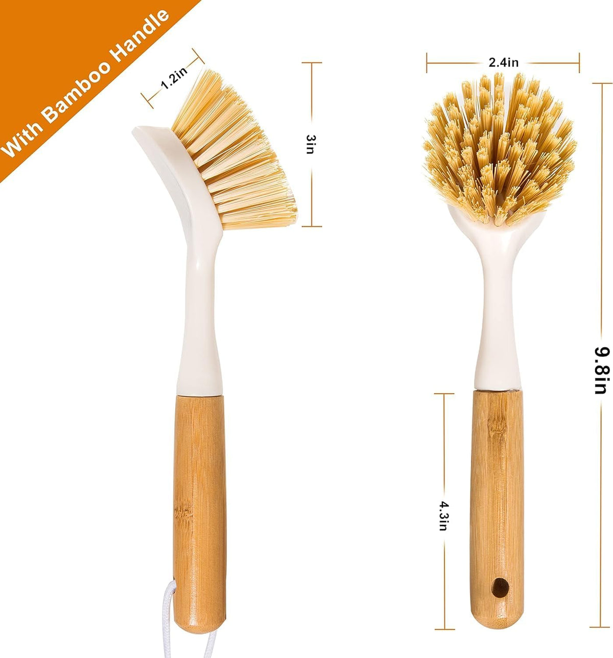 2 Pack Kitchen Dish Brushes with Bamboo Handle, Dish Scrubber Built-in Scraper, Scrub Brush for Pans, Pots, Counter &