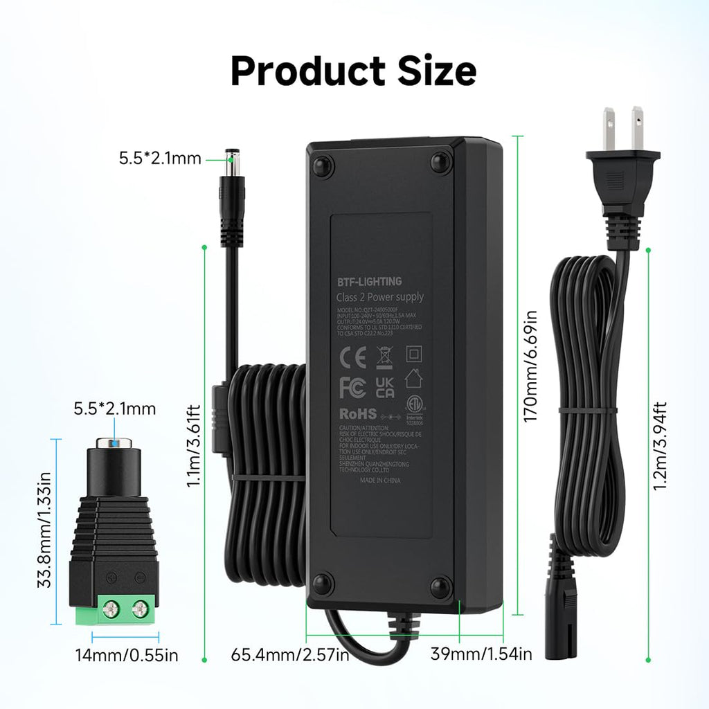 BTF-LIGHTING 24V 5A 120W Power Supply Adapter ETL Listed