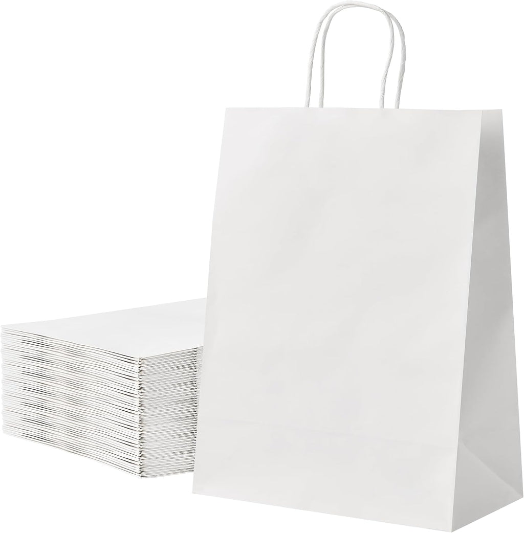 Large White Kraft Paper Bags 50 Pack 10x5x13 in with Handles