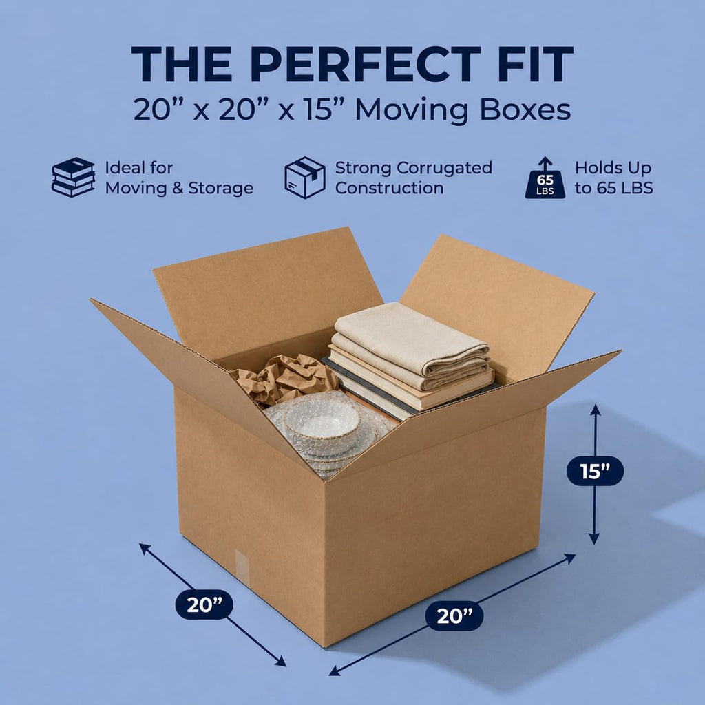 Moving Boxes Large 20"L x 20"W x 15"H, 12-Pack - Corrugated Cardboard Box for Packing, Shipping and Storage