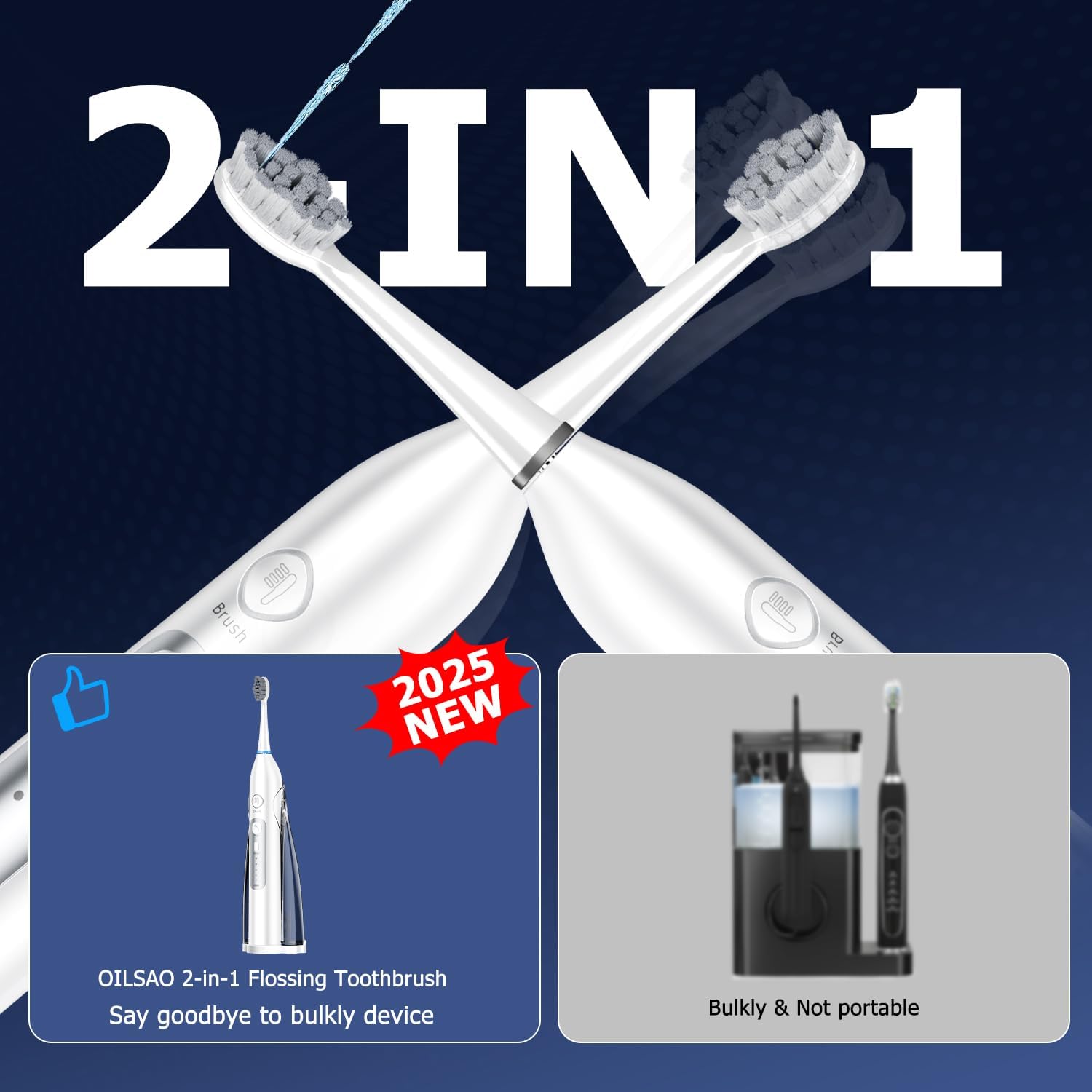 Electric Toothbrush with Water Flosser -Cordless 3-in-1 Flossing Toothbrush Sonic 2.0 for Braces & Travel, 30-Day