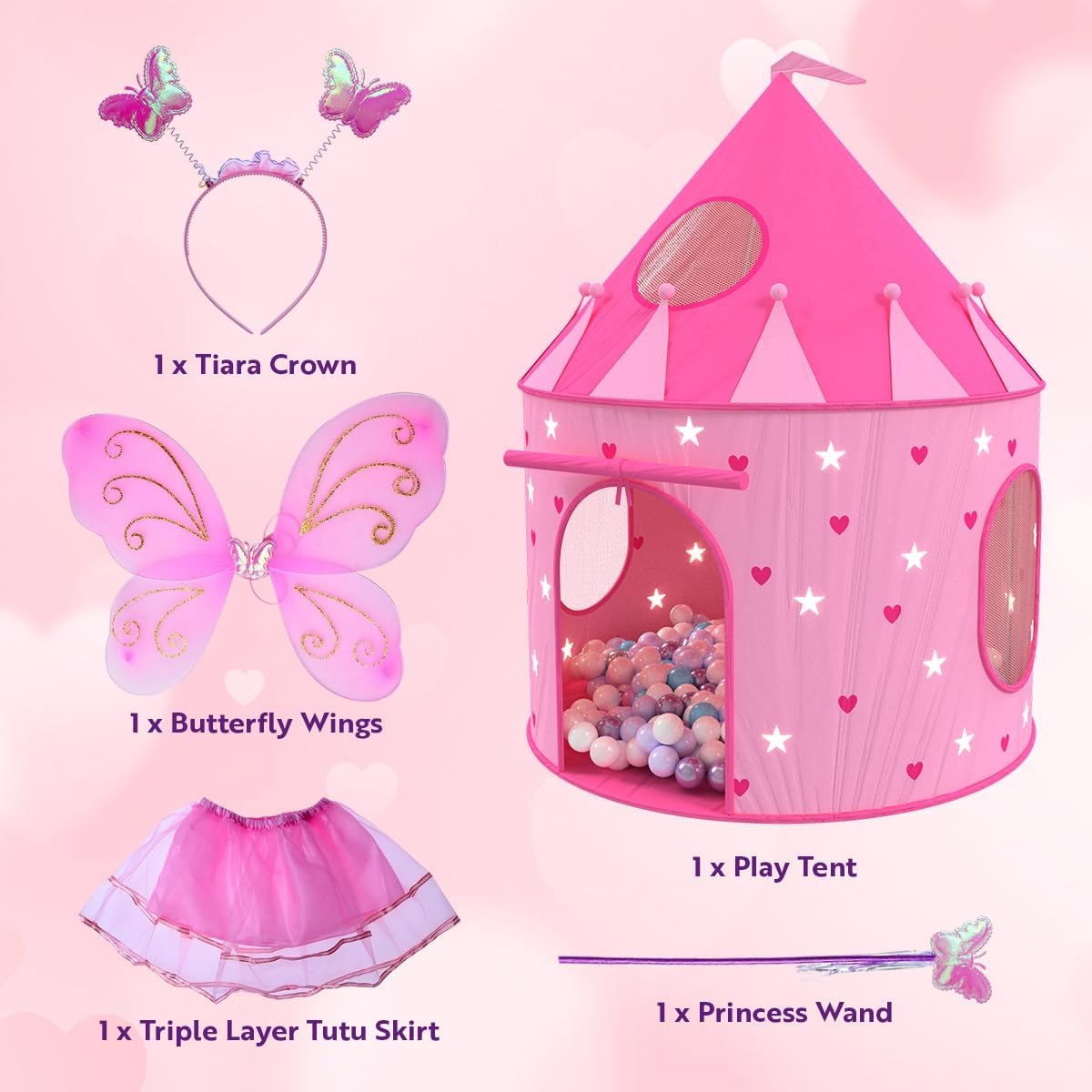 Princess Castle Pop Up Tent & Dress Up Set – Kids Pink Playhouse Tent for Girls with Glow in The Dark Stars, Foldable