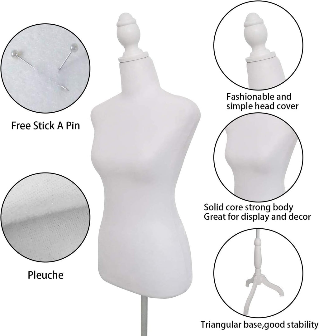 Female Dress Form Mannequin Torso Body with Adjustable Tripod Stand Dress Jewelry Display (White)