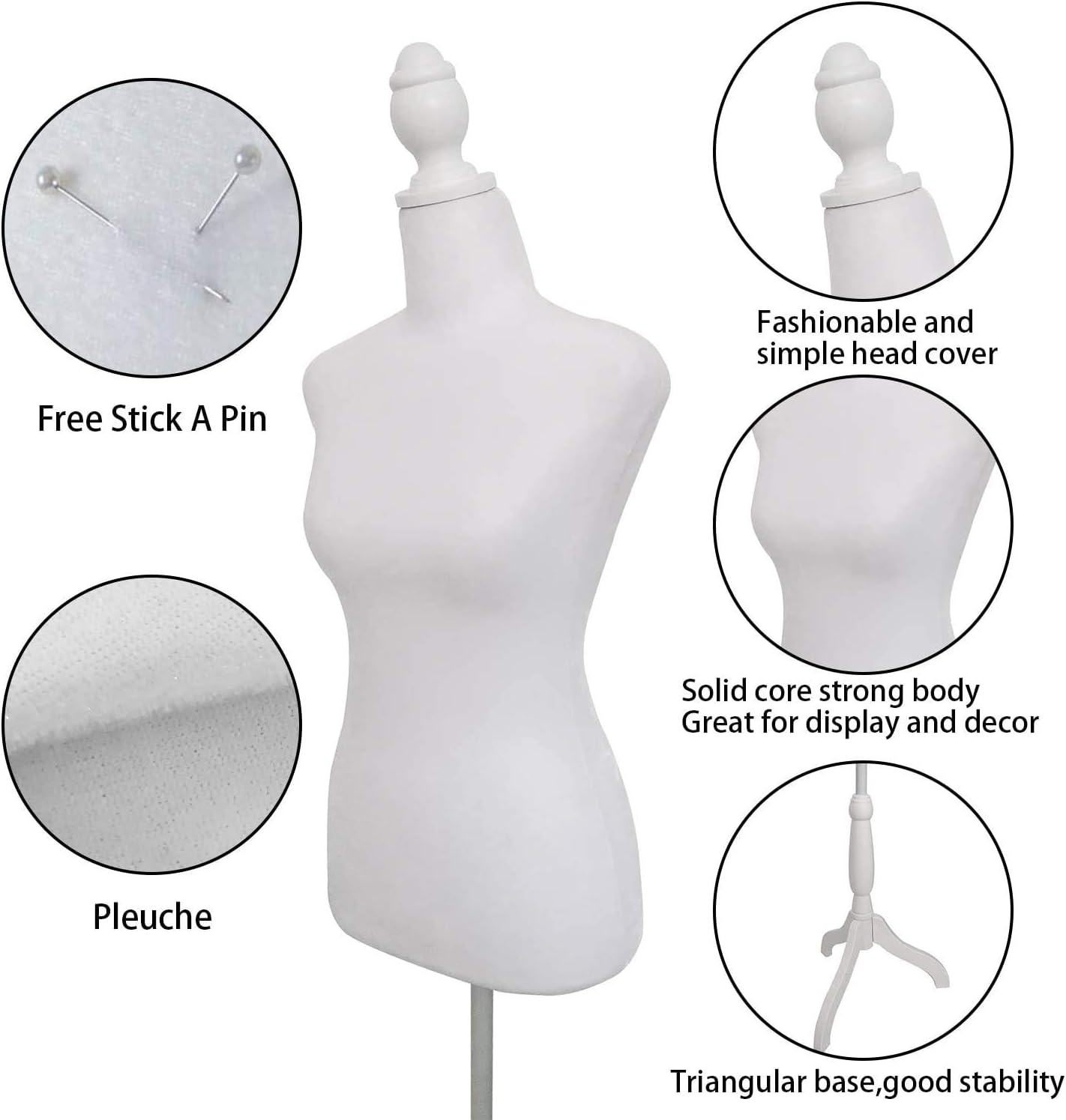 Female Dress Form Mannequin Torso Body with Adjustable Tripod Stand Dress Jewelry Display (White)